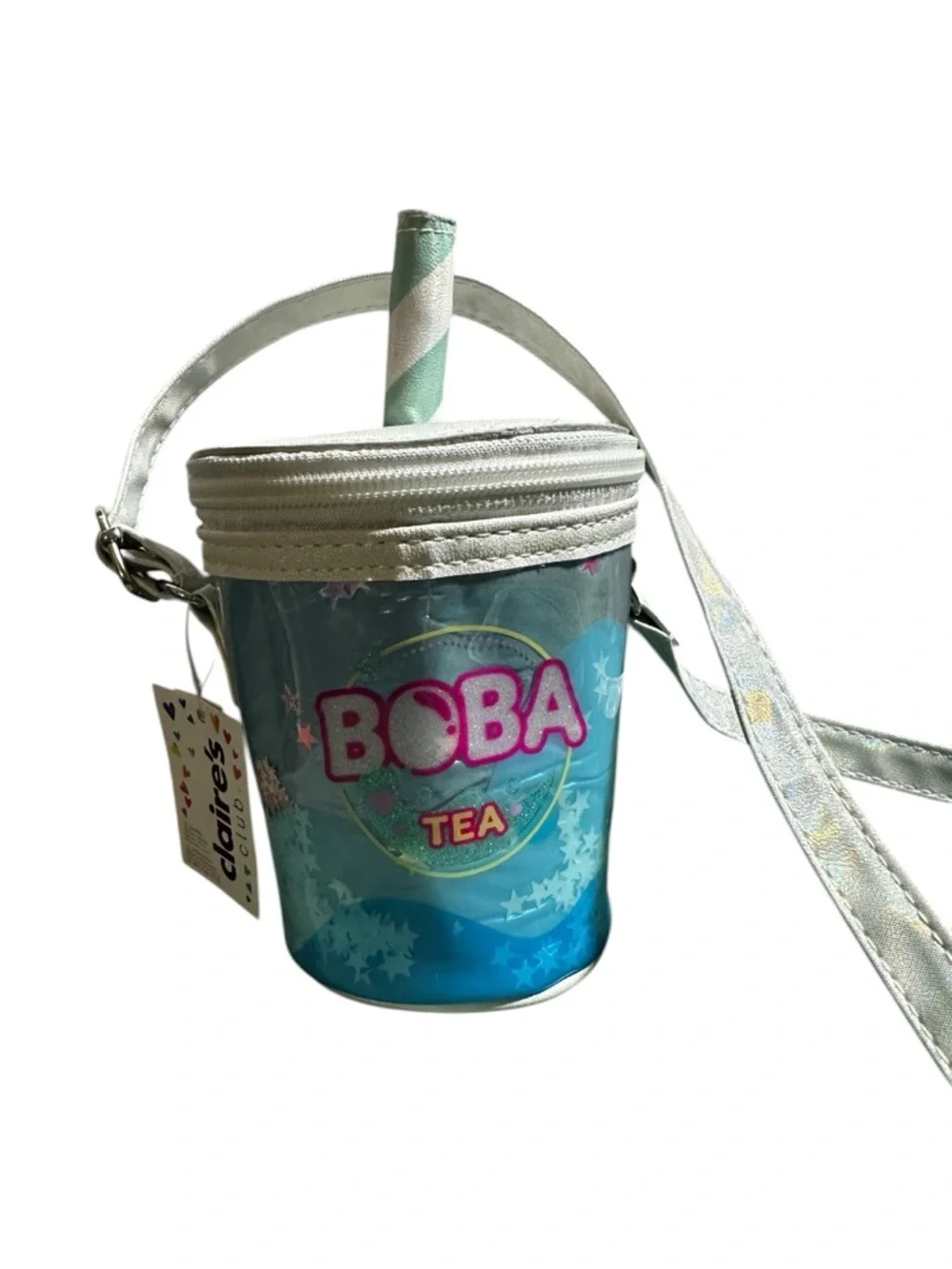 Claire’s Boba Tea Bag, zip closure Blue and iridescent white NWT